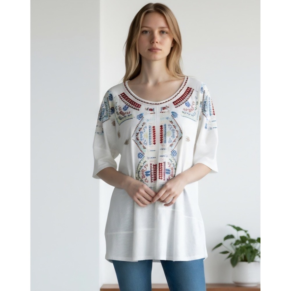 Sundance Embroidered Slub Top Shirt M Boxy Boho Short Sleeve Asymmetrical Hem